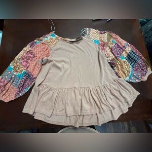 Umgee medium ruffle babydoll fairy patchwork puffy sleeves khaki blouse